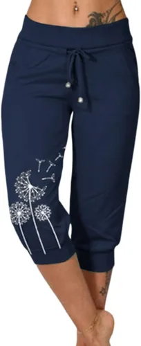 Vista 6 de Pantalones capri para mujer, estampado de diente de león, pantalones capri con cordón de cintura alta, elásticos, pantalones cortos de verano