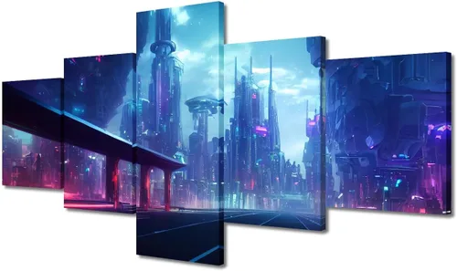 Vista 353 de Cuadros de 5 paneles de Cyberpunk City, arte de pared, representación de vallas publicitarias, edificios modernos en la capital con obras de arte