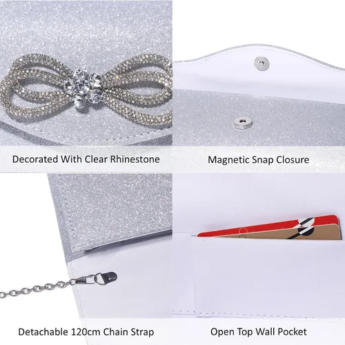Vista 7 de DETARA Bolso de noche para mujer, con lazo de cristal brillante, con solapa, bolso de mano para mujer, boda, fiesta, baile de graduación