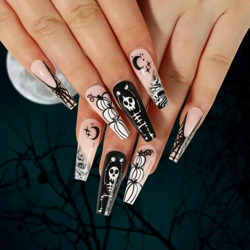 Vista 2 de Calcomanías para Uñas de Halloween, 6 Hojas de Calcomanías para Uñas de Fantasma Negro 3D Autoadhesivas Pequeñas de Horror Calabaza Brujas