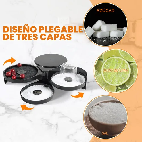 Vista 4 de MAOPINER Herramienta de barman de vidrio de 3 niveles con esponja, 3 bandejas de vidrio de plástico negro con borde de azúcar, jugo de lima, sal