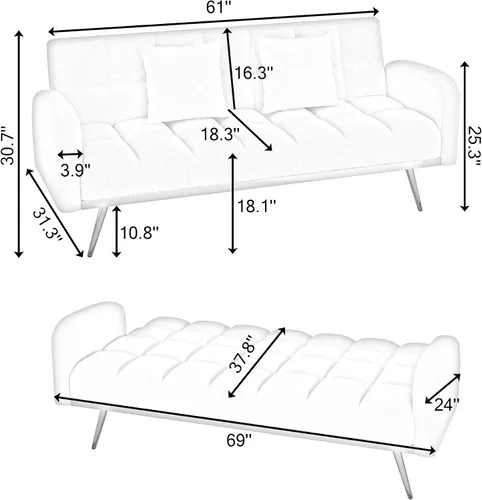 Vista 2 de Sofá biplaza convertible tipo futón reversible, sofá biplaza plegable, cama de invitados tapizada con forro polar tapizado, sofá cama convertible