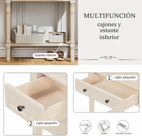 Vista 4 de P PURLOVE Mesa consola estrecha antigua, mesa de entrada delgada para sofá con 3 cajones de almacenamiento para sala de estar, entrada Beige