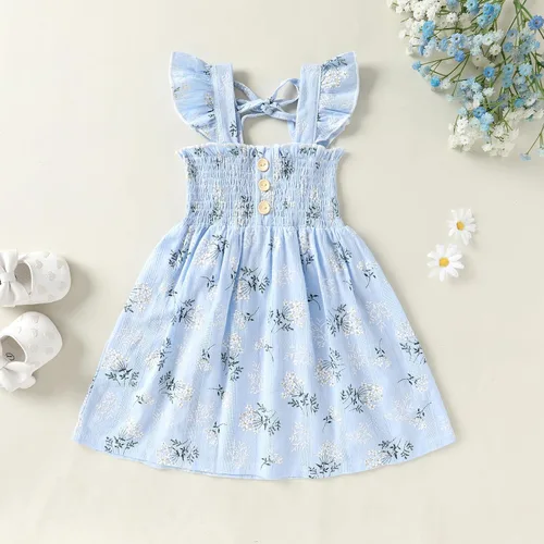 Vista 2 de JEELLIGULAR Vestido de mezclilla sin mangas con volantes y botones para niñas pequeñas, vestido de verano para playa, casual, acampanado, vestido