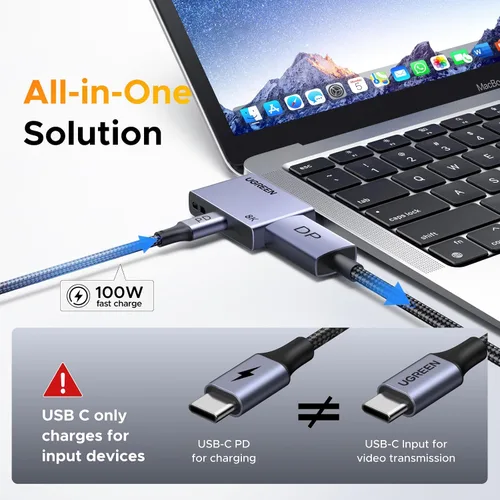 Vista 4 de UGREEN Adaptador USB C a DisplayPort 1.4 8K @60Hz con PD 100W carga rápida 4K a 240Hz, unidireccional, Thunderbolt 4/3 a DP Compatible con iPhone