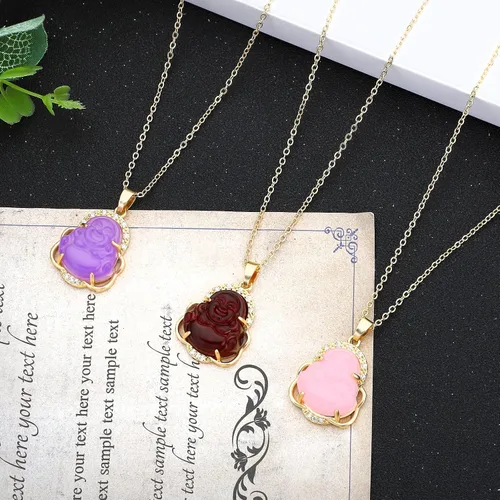 Vista 4 de NEWITIN 5 Pieces Laughing Buddha Necklaces for Women Colorful Crystal Cubic Zirconia Buddha Pendant Necklace Bling Gold Plated Chains Good Luck