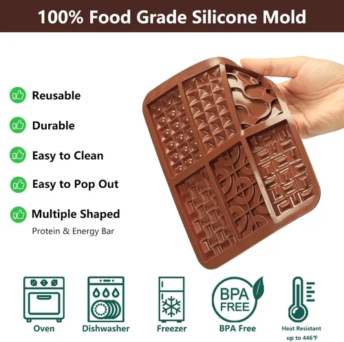 Vista 3 de Molde de barra de chocolate de silicona con 6 patrones, 2 moldes de chocolate de 0.3 pulgadas de profundidad para barra de proteínas y energía