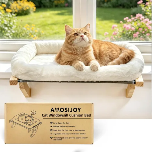 Vista 8 de AMOSIJOY Percha de Ventana para Gatos Sillón de Hamaca Robusto con Funda de Almohadón, Marco de Madera y Metal para Gatos Grandes, Cama de Gato Gris