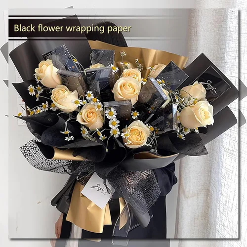 Vista 3 de Papel de regalo de flores negras, 20 piezas de papel de regalo de rosas, papel de regalo floral, impermeable, arreglos florales dorados y negros