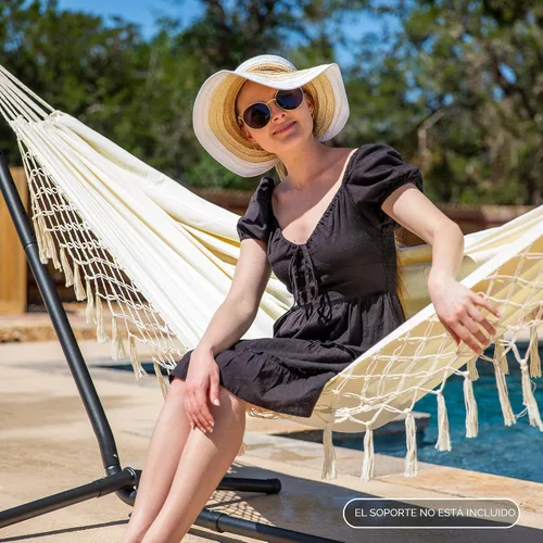 Vista 7 de SUNCREAT - Hamaca portátil de camping para exteriores, resistente, hamaca para 2 personas para colgar en árboles, color beige con borlas
