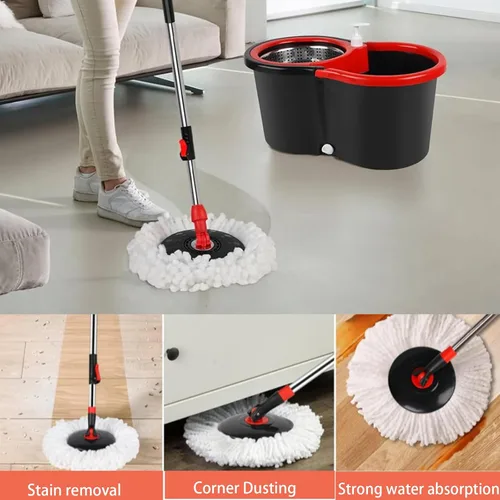 Vista 5 de Trapeador giratorio y cubo con juego de escurridor, sistema de cubo giratorio de 360° con 3 cabezales de repuesto de mopa de microfibra, mango