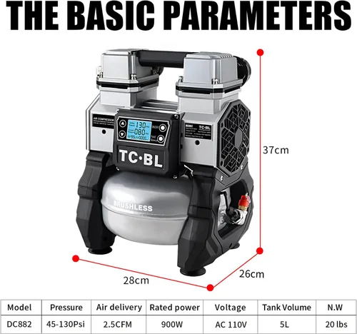 Vista 5 de TC·BL Compresor de aire portátil, 110V, silencioso, pequeño, ligero y sin aceite con tanque de aluminio de 5L
