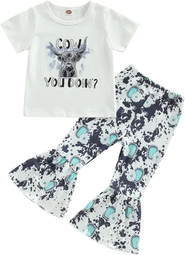 Vista 78 de fhutpw Conjunto de camiseta de manga corta con estampado de vaca y pantalones acampanados de dibujos animados para niñas