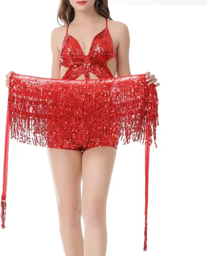 Vista 5 de DOOVID Falda de danza del vientre, falda bohemia con borlas y lentejuelas para mujer, faldas brillantes para fiesta de Halloween