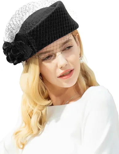 Vista 5 de Sombrero vintage para mujer, 100% lana, fieltro Cloche, sombrero de bolera, para invierno, vintage, con lazo, fedoras, iglesia, tocado