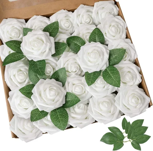 Vista 28 de AmyHomie 25 flores artificiales de aspecto real con tallo de rosa beige