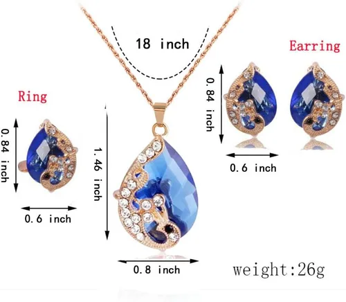 Vista 8 de Ezing Conjunto de collar de cristal de lágrima chapado en oro para mujer, anillos y pendientes