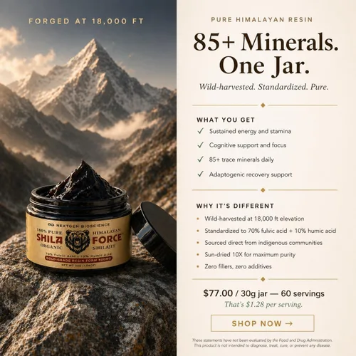 Vista 3 de ShilaForce™ Shilajit - Resina viva orgánica orgánica del Himalaya cosechada en estado silvestre de grado dorado, 500 mg, 70% ácido fúlvico y 10%