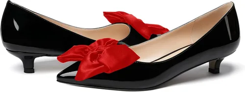 Vista 6 de WAYDERNS Zapatos de tacón bajo para mujer, patente, puntera puntiaguda, decoración de lazo, zapatos de tacón bajo de 1.5 pulgadas