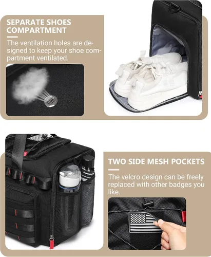 Vista 6 de Bolsas de gimnasio para hombres y mujeres, 45L grande de viaje de fin de semana, mochila deportiva con zapatos y compartimento para laptop, bolsa