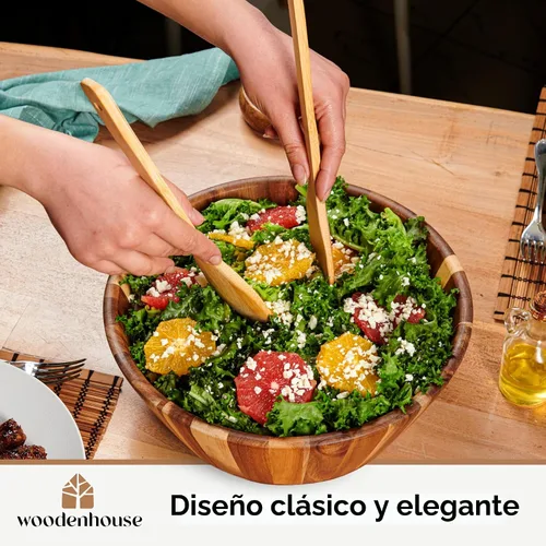 Vista 6 de Woodenhouse Tazón de ensalada de madera, tazón para ensalada, tazón de madera - 12" Diseño redondo, tazón de frutas hecho a mano, duradero