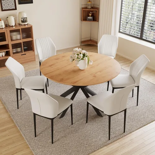 Vista 2 de HIPIHOM Juego de mesa de comedor redonda extensible de 43.2"-59.1", mesa de cocina para 4-6 personas con tablero de MDF engrosado resistente a Mesa