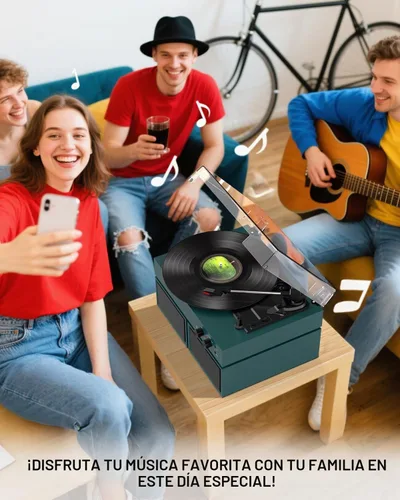 Vista 9 de Reproductor de discos Bluetooth retro con altavoces externos, tocadiscos de 3 velocidades con transmisión por correa, grabación USB a PC, salida AUX
