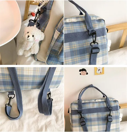 Vista 5 de Mochila Kawaii con pin Kawaii y oso de felpa mini bonita mochila escolar japonesa de anime Gris Mochilas Daypack