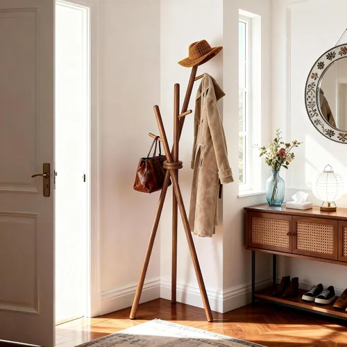 Vista 7 de VICITON Perchero de madera, trípode independiente con 3 ganchos para ropa, sombreros y bolsos, perchero para dormitorio, sala de estar, entrada