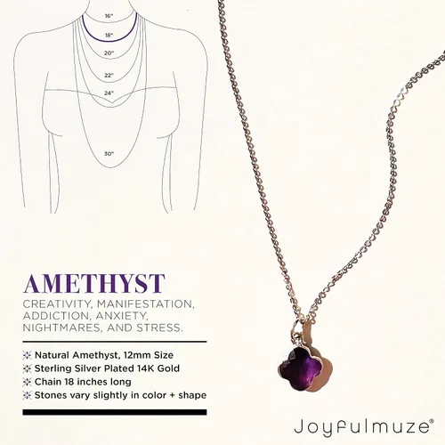 Vista 6 de Genuine Gemstone Necklace, Carved Four Leaf Clover Shape, Amethyst, Moonstone, Amazonite, Tourmaline, Labradorite, 925 Sterling Silver Jewelry