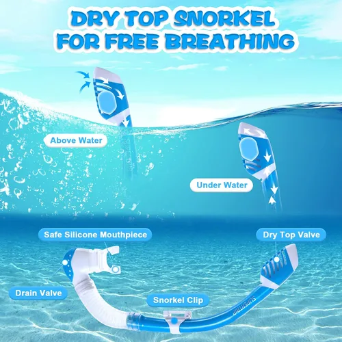 Vista 3 de Supertrip Kids Snorkeling Set, Snorkeling Gear for Kids, Children Mask Fin Snorkel Set with Tempered Glass, Snorkel Mask Diving Goggles, Dry Top