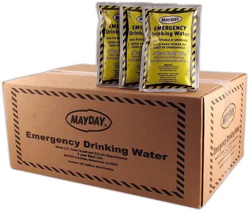 Vista 2 de Mayday, caja con bolsas de agua para emergencia (100 unidades). Preparación para casos de emergencia, supervivencia y viajes con mochila a cuestas.
