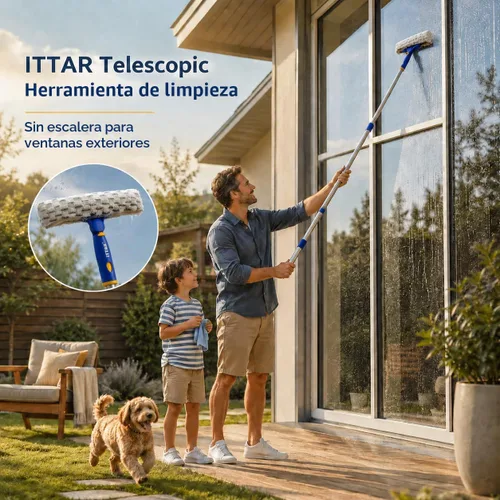 Vista 4 de Kit de limpieza de escobilla de ventana con poste de extensión de 60 pulgadas y cabezal giratorio 2 x 11" Microfiber Pads & 12" Rubber Blade Glass