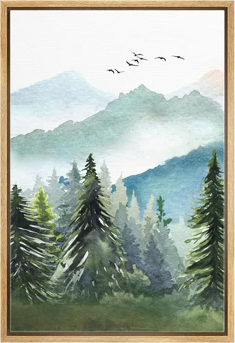 Vista 21 de SIGNWIN Lienzo enmarcado para pared, decoración de guardería de bosques, pájaros voladores, acuarela, montaña, bosque, naturaleza, arte moderno