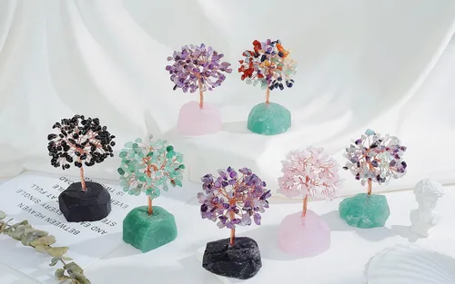 Vista 6 de QINJIEJIE Árbol de cristal de cuarzo rosa, cristales curativos, decoración de escritorio rosa, árbol de piedras preciosas naturales, base de alambre