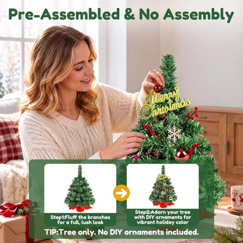 Vista 3 de Mini árbol de Navidad artificial de 2 pies, puntas y base de PVC de alta calidad, pequeños árboles de Navidad para mesa, hogar, oficina, decoración