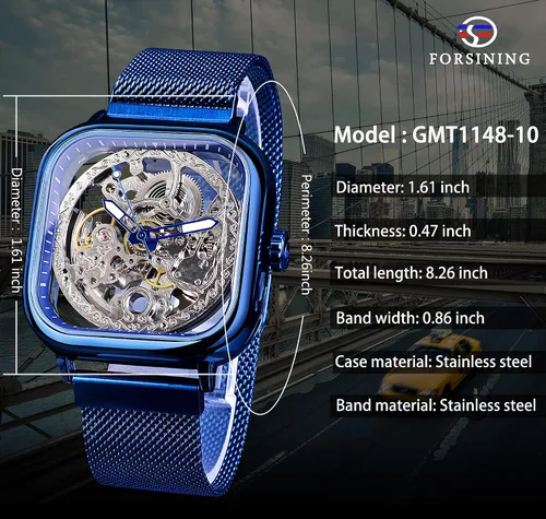 Vista 6 de FORSINING Relojes automáticos mecánicos, reloj de pulsera dorado para hombre con esfera transparente de acero inoxidable con movimiento de flor real