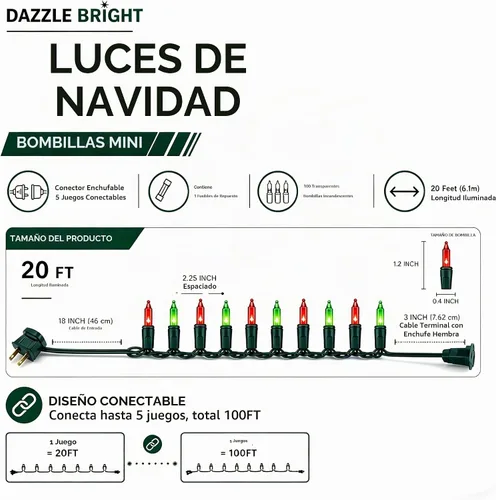 Vista 2 de Dazzle Bright - Guirnalda de luces navideñas mini rojas y verdes de 20 pies con 100 luces incandescentes impermeables, enchufables, decoraciones