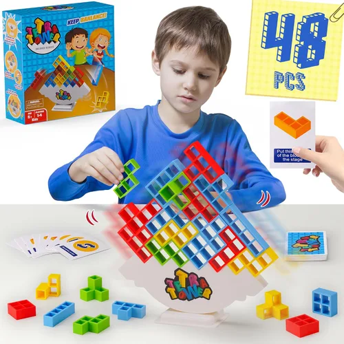 Vista 7 de WOWNOVA 48 piezas Torre Tetra, divertido juego de equilibrio y construcción de bloques para apilar para niños, adultos, amigos, equipo, aula