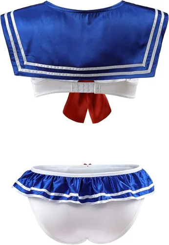 Vista 7 de Littleforbig Conjunto de lencería sexy con cuello marinero sin mangas, espalda descubierta, bikini para niñas