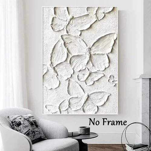 Vista 3 de Lienzo de mariposa blanca para pared, pintura minimalista texturizada, arte abstracto de mariposa blanca para pared, arte abstracto moderno, póster