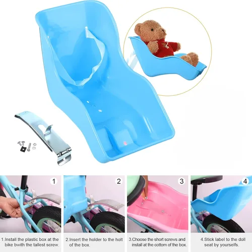 Vista 3 de Aurelema Asiento de bicicleta de muñeca con 30 calcomanías de calcomanías, cesta de bicicleta para niños, manillar de bicicleta, cintas coloridas