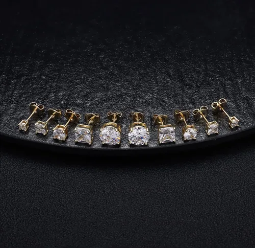 Vista 6 de Aretes de tuerca de circonia cúbica Dochais para hombre y mujer, de plata de ley 925, con poste, elegantes, hipoalergénicos, chapados en oro de 14k