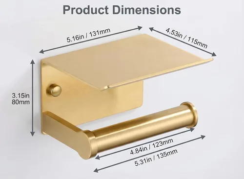 Vista 12 de Youda - Soporte de papel higiénico dorado con soporte de pared para estante, autoadhesivo o montaje con tornillo, aluminio inoxidable, se adapta a