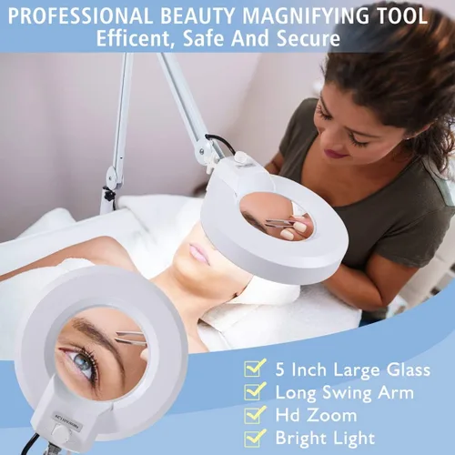 Vista 6 de Lámpara de pie con aumento 10X con 5 ruedas base rodante para esteticistas – 2,200 lúmenes LED regulable luz con lupa, lupa iluminada para leer