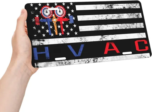 Vista 5 de Placa de matrícula de aluminio frontal personalizada vintage con bandera estadounidense de Técnico HVAC, adecuada para jugar al aire libre, 6 x 12