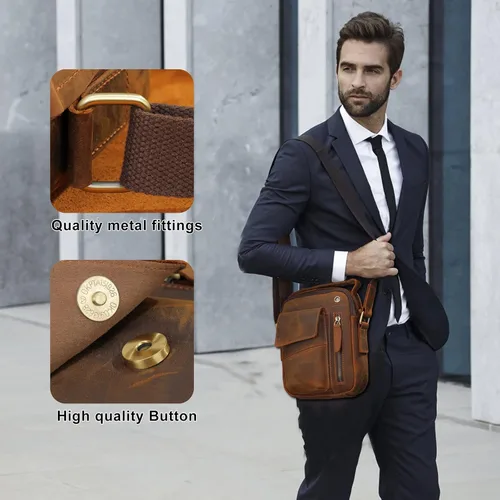 Vista 6 de BAIGIO Bolso cruzado de cuero genuino para hombre, bolso de hombro pequeño, bolso de mensajero, maletín de cuero, regalo del padre