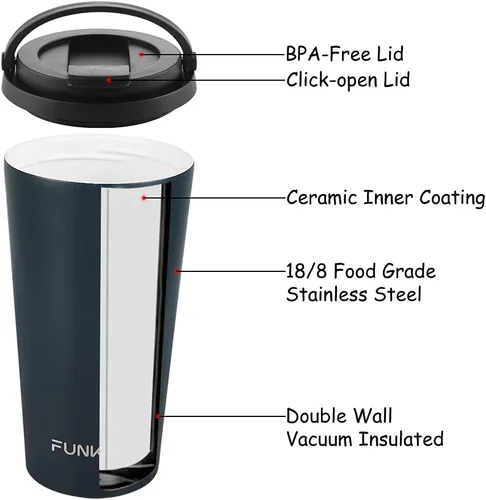 Vista 6 de Funkrin Taza de café aislada con revestimiento de cerámica, taza de café helado de 16 onzas con tapa abatible y asa, taza de viaje a prueba de fugas