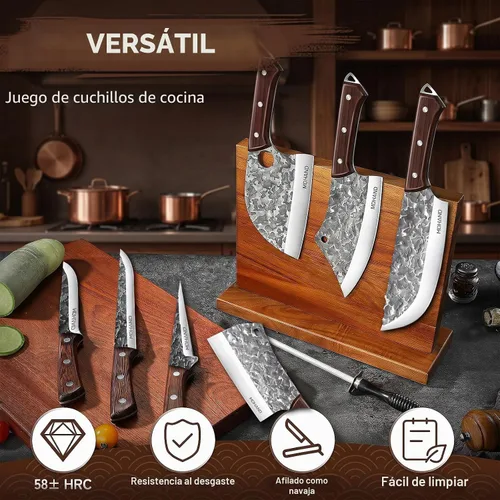 Vista 3 de Juego de cuchillos de carnicero forjados a mano con bolsa de rollo High Carbon Steel 14PCS Meat Cleaver Knife, Bone Chopper Knives, Fillet Knives
