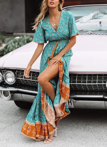 Vista 4 de R.Vivimos Vestido por debajo de la rodilla, para mujer, manga corta, de algodón, con cuello en V, diseño floral y estilo informalbohemio